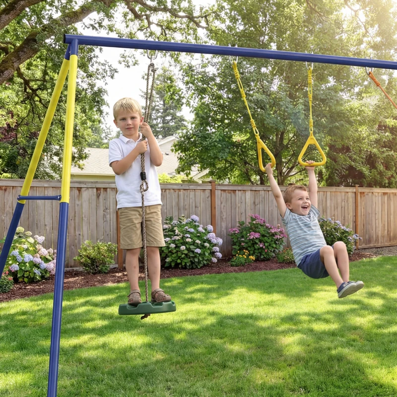 AIYAPLAY 3-in-1 Garden Swing Set for Kids with A-Frame Steel Frame, Standing Swing, Gymnastic Rings, Playset for Children, 150 kg Capacity, Outdoor Use, 3-8 Years, 285x160x181 cm