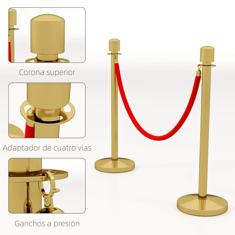 HOMCOM Juego de 2 Postes Separadores de Acero Inoxidable con Cuerda de Terciopelo Roja de 1,5 m y Base Rellenable Dorado