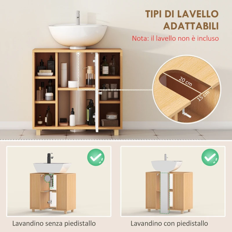 HOMCOM Mobile Sottolavabo Bagno con Armadietto a 2 Ante Soft-Close e 6 Ripiani Aperti, 60x33x57cm, Bianco