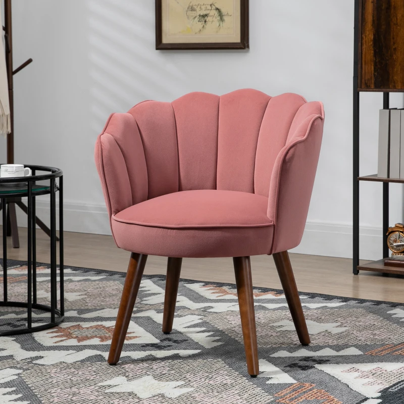 HOMCOM Fauteuil Coquillage Fauteuil de Salon Chambre avec Dossier et Coussin Aspect Velours Pieds en Bois hévéa dim. 66L x 66l x 78,5H cm, Rose