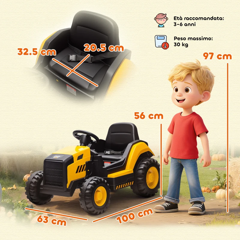 AIYAPLAY Macchina Elettrica per Bambini 3-6 Anni Marchio Ufficiale CAT 12V, Guida Manuale e con Telecomando, Giallo