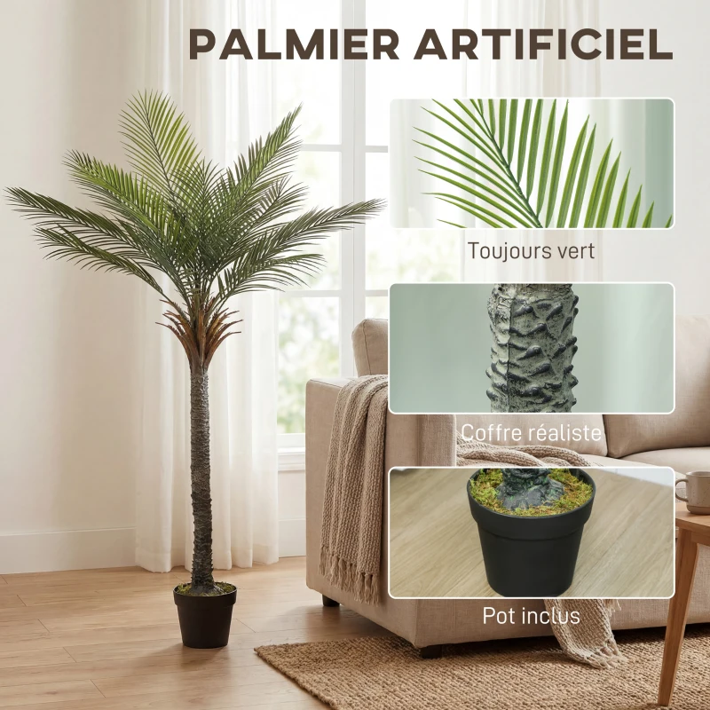 HOMCOM Palmier artificiel 180 cm, plante artificielle tropicale en pot, 15 feuilles réalistes, pour salon, chambre, bureau