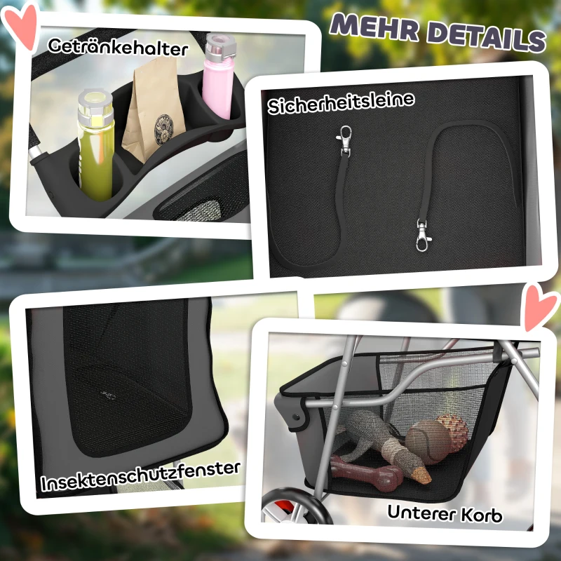 PawHut Hundewagen Faltbar Hundebuggy mit Reflektorstreif Aufbewahrungskorb Kissen für kleine Hunde bis 10 kg 77x44x102 cm Dunkelgrau