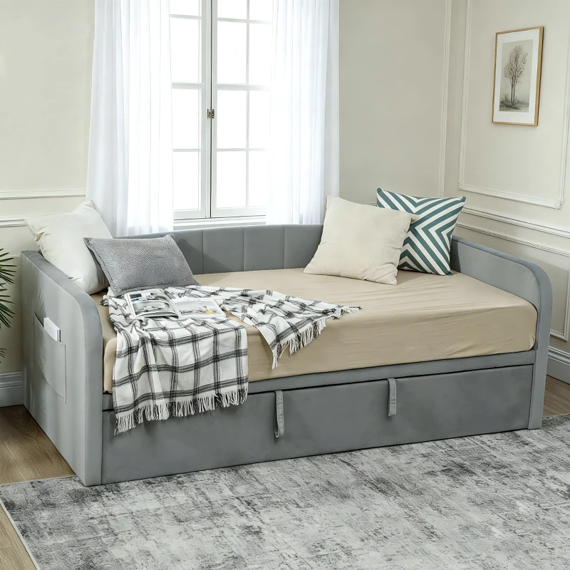 HOMCOM Letto Divano 3 Posti con Lettino Estraibile Convertibile in Letto Matrimoniale,205x186x75 cm, Grigio Chiaro