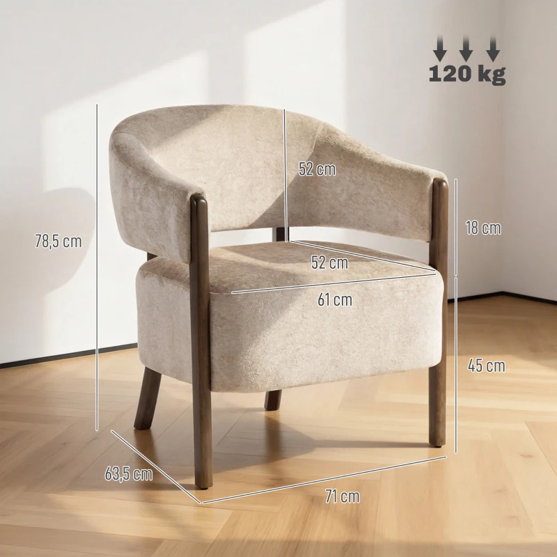 HOMCOM Fauteuil de chambre revêtu en chenille avec structure et pieds en bois massif, beige