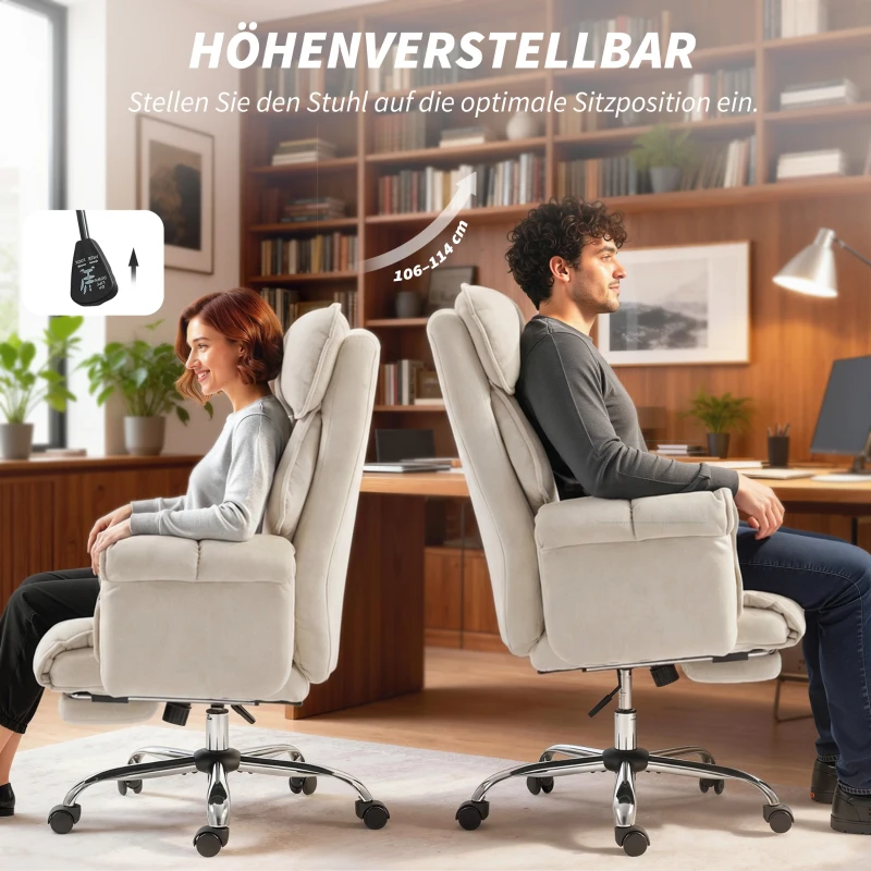 HOMCOM Bürostuhl Höhenverstellbarer Drehstuhl mit Lendenwirbelstütze, Fußstütze, Schneeflanell, 80 x 80 x 106-114 cm Cremeweiß