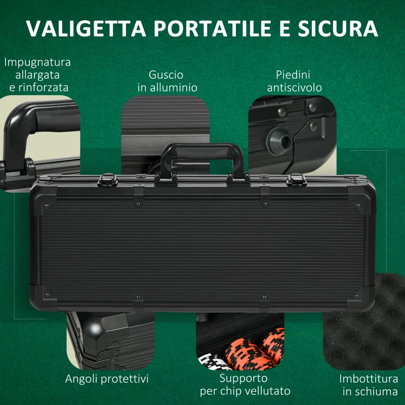 SPORTNOW Set Poker con 500 Fiches, 2 Mazzi di Carte, 5 Dadi, Pulsanti e Valigetta Protettiva in Alluminio Nero