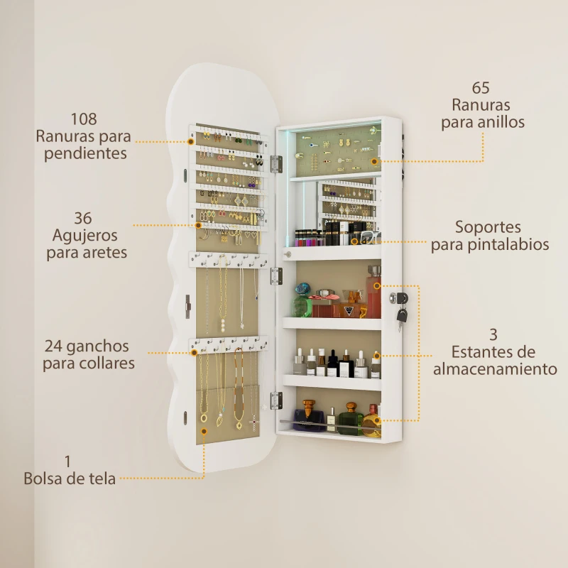 HOMCOM Espejo Joyero con Luz LED Montado en la Pared o en la Puerta con Cerradura Espejo Entero Blanco
