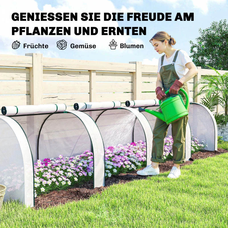Outsunny Gewächshaus, winterfest Foliengewächshaus mit aufrollbaren Reißverschlusstür 395 x 100 x 80 cm Weiß