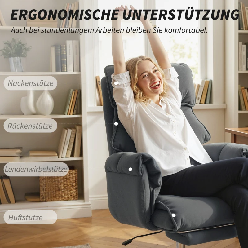 HOMCOM Bürostuhl Höhenverstellbarer Drehstuhl mit Lendenwirbelstütze, Fußstütze, Schneeflanell, 80 x 80 x 106-114 cm Dunkelgrau