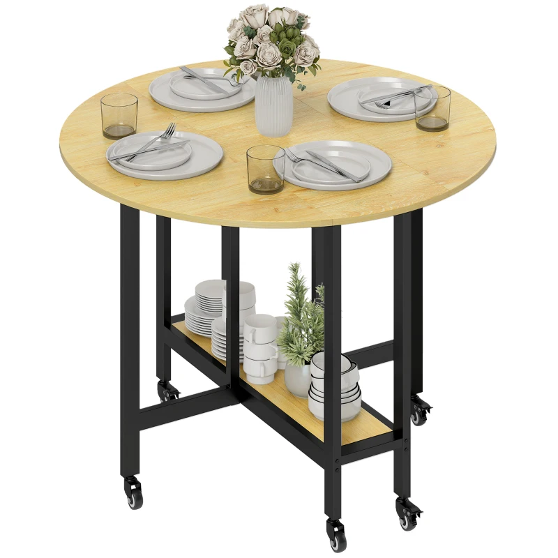 HOMCOM Mesa de comedor plegable con ruedas, mesa de cocina para 4 personas con estantería integrada, 100 x 100 x 75 cm, roble