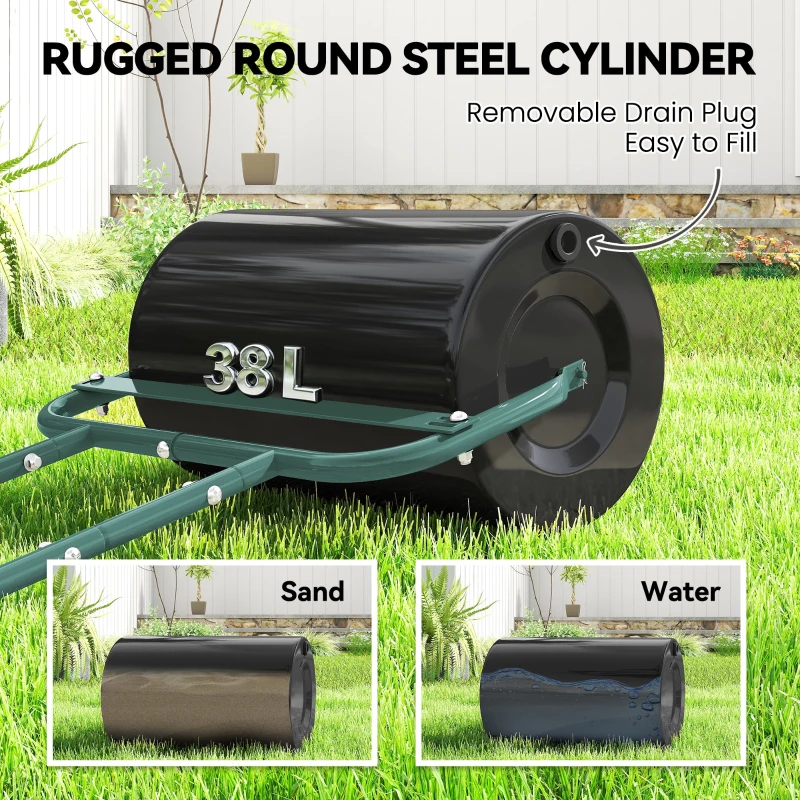 Outsunny 38L Fillable Cylinder Steel Lawn Roller - Dark Green
