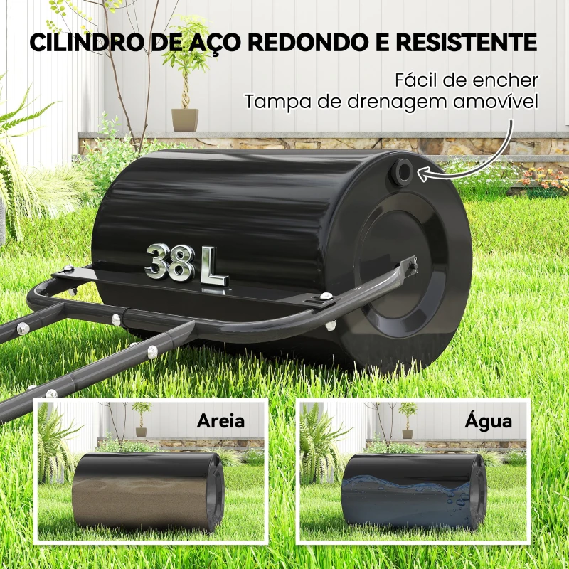 Outsunny Rolo para Relva Largura 58cm Ø32cm Rolo para Relvado 38L Preenchível de Areia ou Água com Guiador em U para Jardim Preto