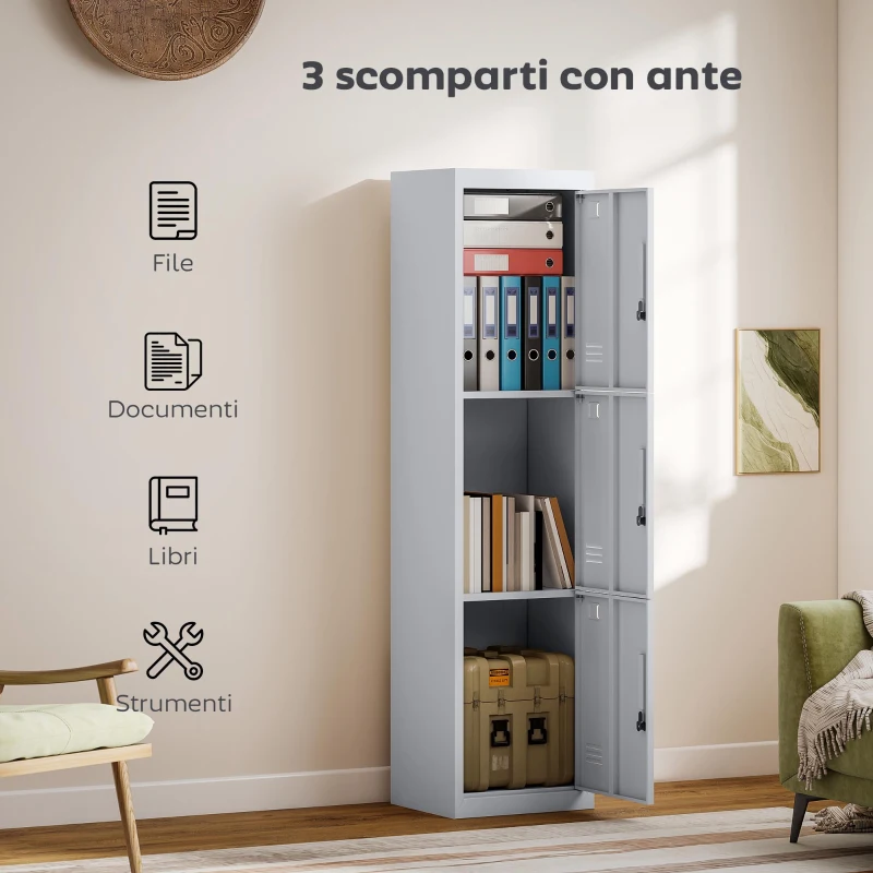 HOMCOM Armadio per Ufficio in Acciaio a 3 Porte Indipendenti con Serratura e 2 Chiavi, 45x38x180 cm, Grigio Chiaro