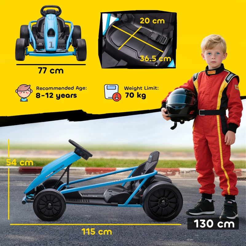 HOMCOM 24V Drift Kart, Electric Ride-On Racing Go Kart w/ 2 Speeds, Steering Wheel, Pedals for Kids Aged 8-12, Blue