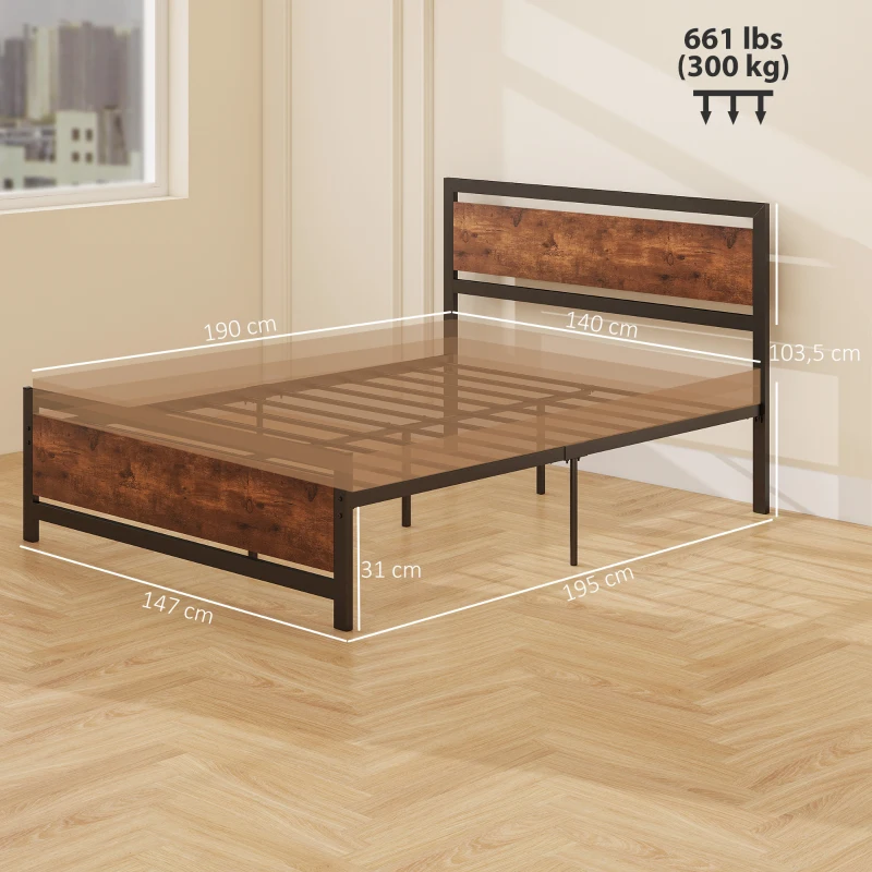 HOMCOM Cadre de lit double en acier avec sommier et tête de lit compatible matelas 190 x 140 cm brun rustique