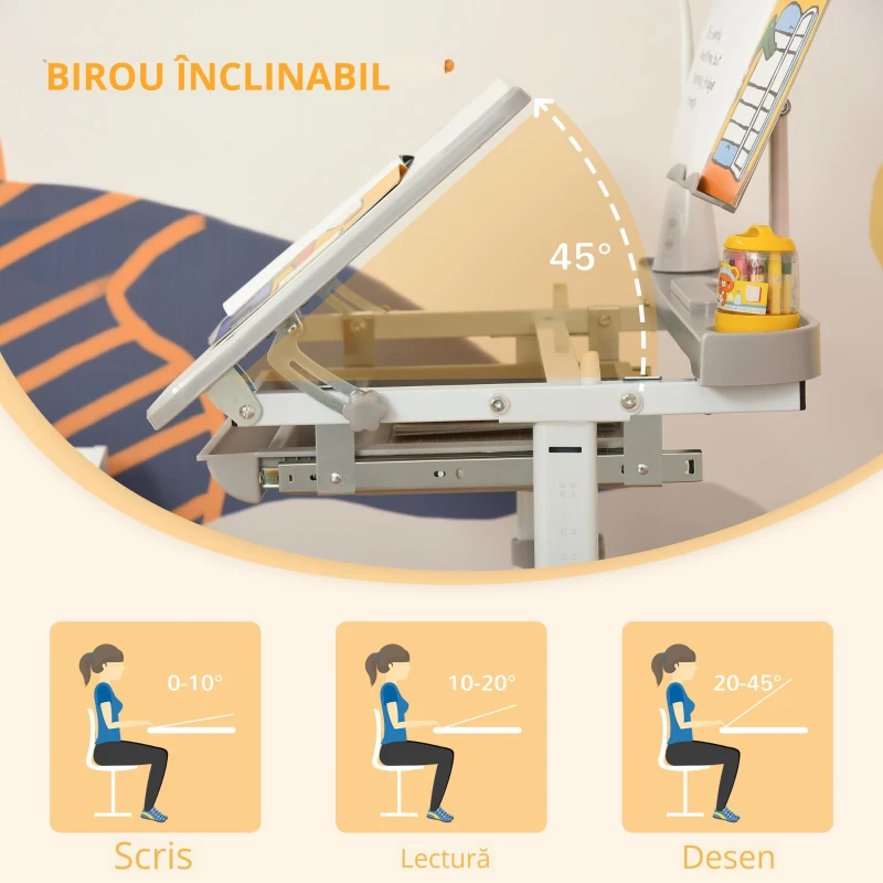 Homcom Set Birou Copii cu LED – Reglabil 6–12 Ani cu Blat inclinat