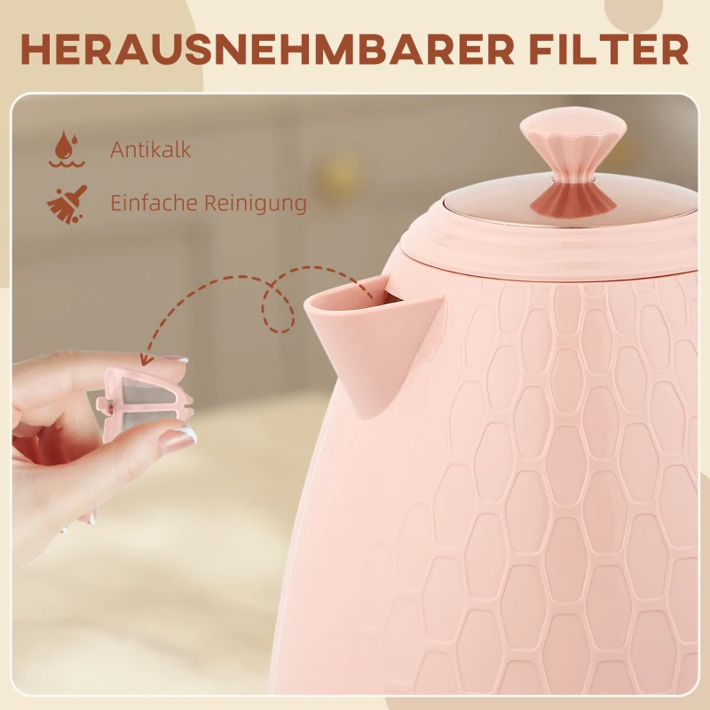 HOMCOM Elektrische Waterkoker, 1,7L, Snelkookfunctie, 2200W, Draadloos, Met Afneembaar Anti-Kalkfilter, Lichtroze