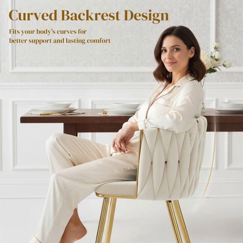 HOMCOM Velvet-Feel Dining Chairs Set of 2, Modern Upholstered Kitchen Chairs with Woven Backrest and Armrests, Metal Legs and Padded Seat for Dining Room, Bedroom, Living Room, Cream