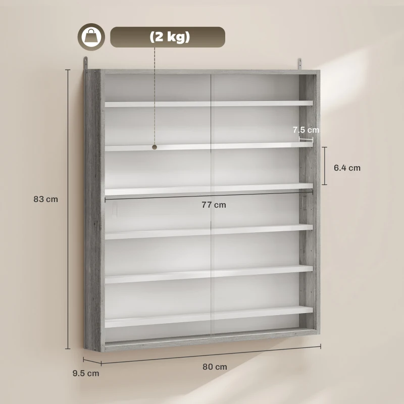 HOMCOM Bacheca Portaoggetti a 5 Ripiani Regolabili in Legno con Ante in Vetro, 80x9.5x83 cm, Bianco e Grigio