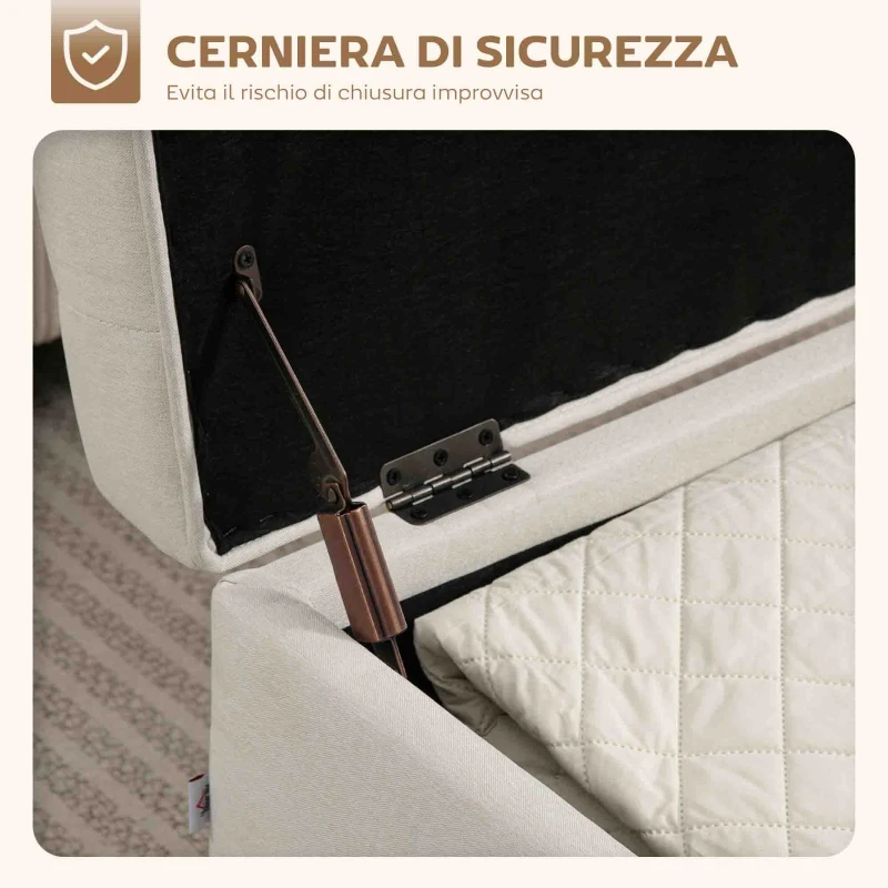HOMCOM Panca Contenitore da 80L Imbottita con Rivestimento in Tessuto e Gambe in Legno, 118x42x45 cm, Crema