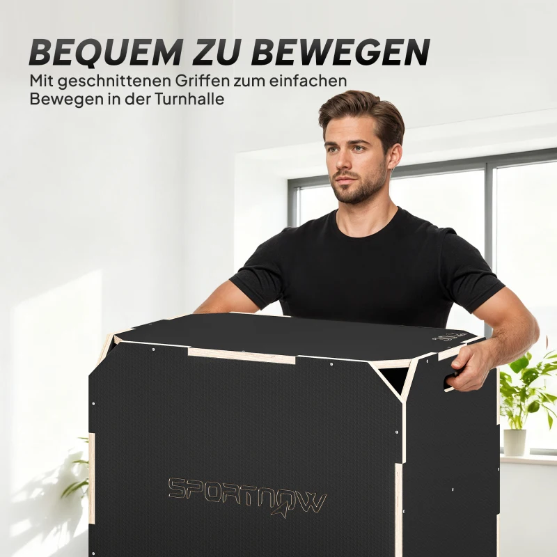 SPORTNOW 3-in-1 Plyo-Box, Sprungbox mit Griff-Öffnungen, für Home-Fitness und Outdoor-Workouts, 3 Sprunghöhen, Holz, Schwarz