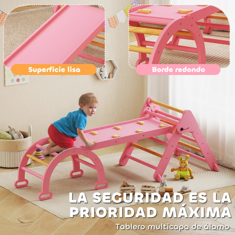 AIYAPLAY 7 en 1 Triángulo de Escalada Montessori de Madera Plegable con Arco y Rampa para Niños de 18-48 Meses 188x70 cm Rosa