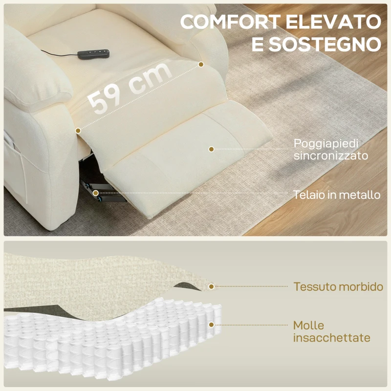 HOMCOM Poltrona Reclinabile 150° Effetto Velluto con Poggiapiedi, Telecomando e Tasca Laterale, 96x90x105 cm, Bianca