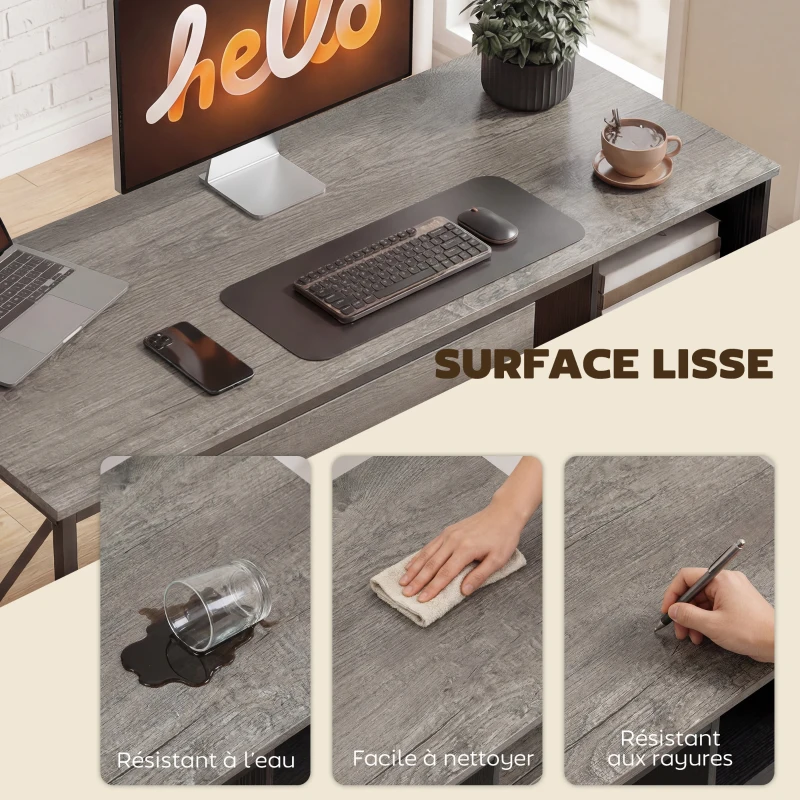 HOMCOM Bureau d'ordinateur, 120×50cm, bureau avec rangement, plateau clavier, compartiment ouvert et 2 tiroirs, gris