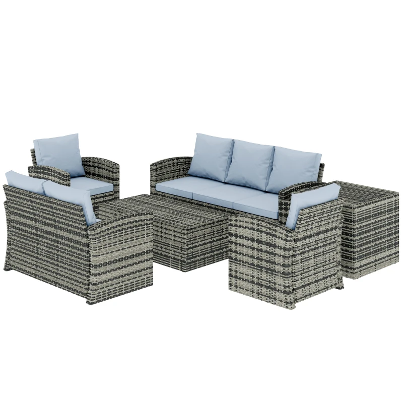 Outsunny 6 Pieces Rattan Garden Furniture Set, 7 Seater Wicker Outdoor Furniture Set with Storage Tea Table & Side Table, Sectional Garden Sofa Set with Cushions, Grey