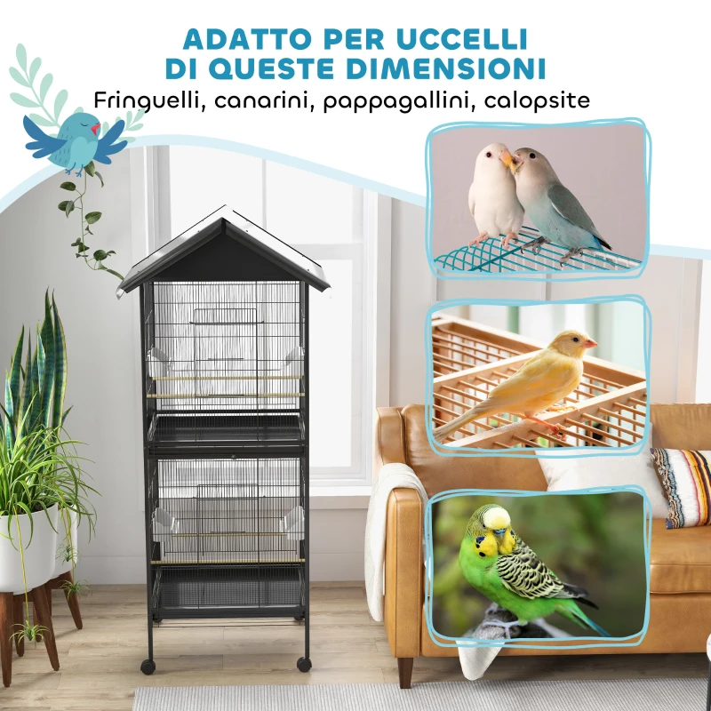 PawHut Voliera per Uccelli a Rotelle con Vassoi Estraibili in Plastica e Posatoi, in Metallo, 71.8x71.8x170.2 cm, Nero