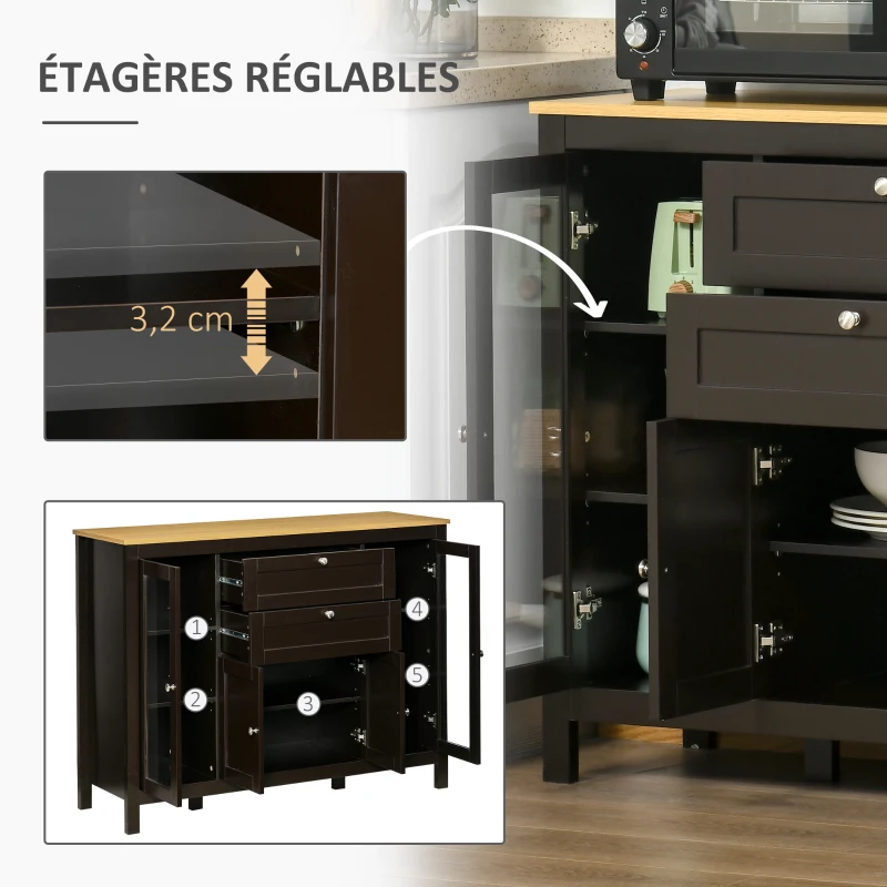 HOMCOM Buffet meuble de rangement 1 placard double porte 2 placards à porte vitrée 2 tiroirs étagère réglable 120x40x90cm noir