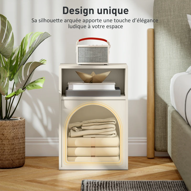 HOMCOM Table de chevet, table de nuit avec compartiments ouverts, design arqué, 40 x 30 x 60 cm, crème