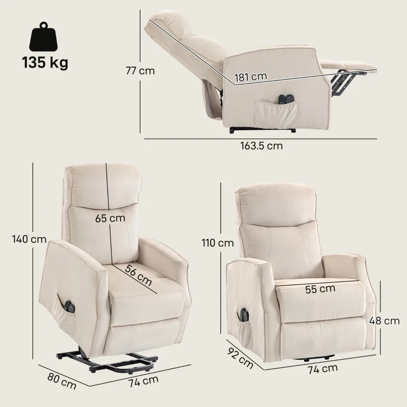 HOMCOM Sillón elevador reclinable 150° con puerto USB y reposapiés, Efecto lino, 74x92x110 cm, Blanco crema