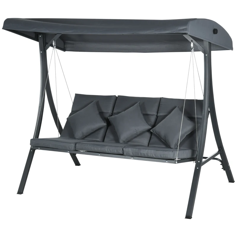 Outsunny Dondolo da Giardino 3 Posti con Tettuccio Regolabile, in Acciaio e Poliestere, 202x115x168 cm, Grigio Scuro