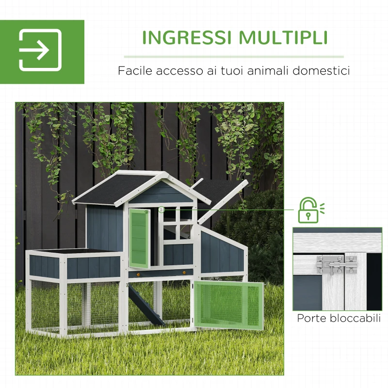 PawHut Pollaio Prefabbricato in Legno con Area Aperta, Casetta e Nido, 161.5x62.5x115cm, Grigio