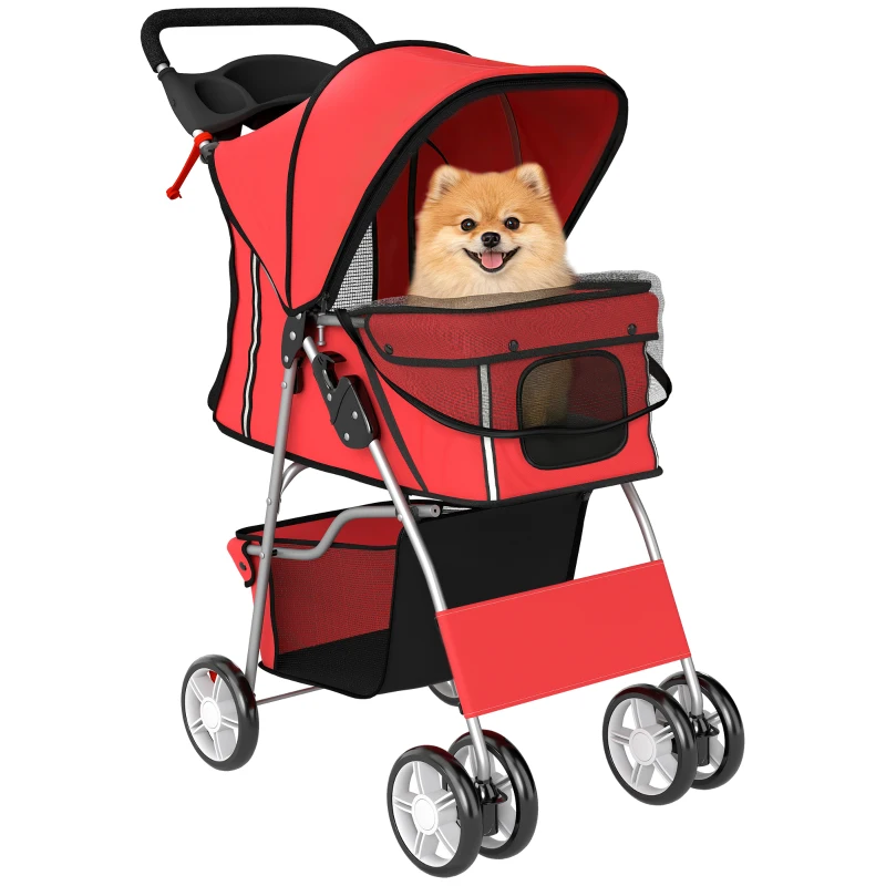 PawHut Hundewagen Faltbar Hundebuggy mit Reflektorstreif Aufbewahrungskorb Kissen für kleine Hunde bis 10 kg 77x44x102cm Rot