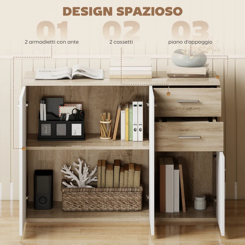 HOMCOM Credenza Moderna con 3 Armadietti e 2 Cassetti, in Legno, 106x35x76 cm, color Legno
