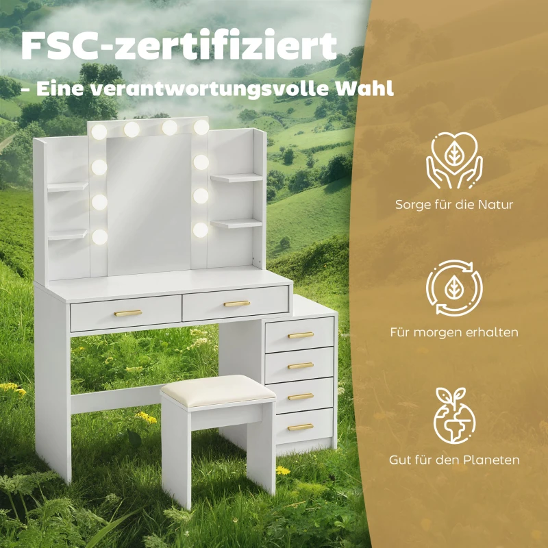 HOMCOM Schminktisch mit beleuchtetem Spiegel und gepolstertem Hocker, Schminkset mit 6 Schubladen und Ablagen, Weiß