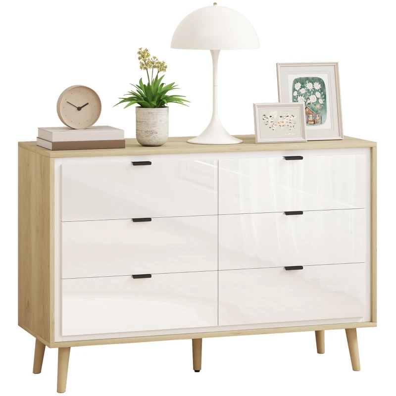 HOMCOM Cassettiera con 6 Cassetti in Legno per Camera da Letto, 110x40x75 cm, Bianco Lucido e Rovere