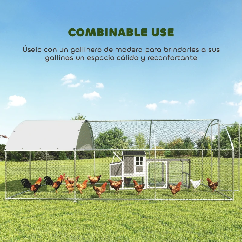 PawHut Gallinero para Exterior 2,8x5,1x1,9 m Cubierta de Tela Oxford Anti-UV Impermeable Pestillos para 15-24 Gallinas Plata