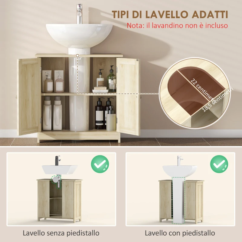 kleankin Mobile Sottolavabo a 2 Ante con Ripiano Regolabile e Intaglio a U, 60x30x60 cm, Rovere