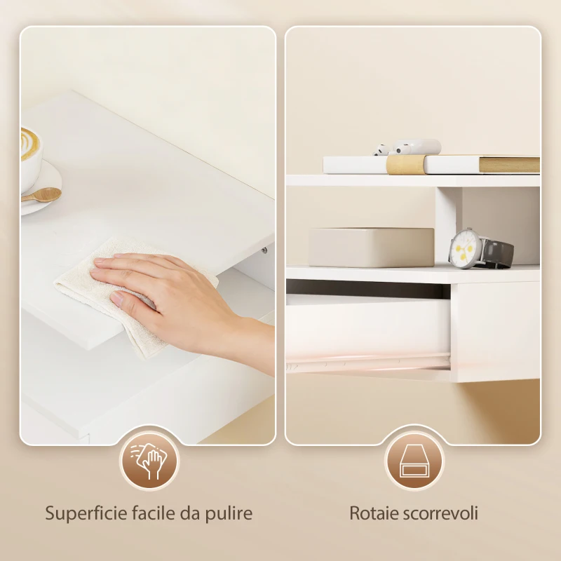 HOMCOM Set di 2 Comodini Sospesi con Cassetto e Mensola Aperta, 35x32x22.5 cm, Bianco