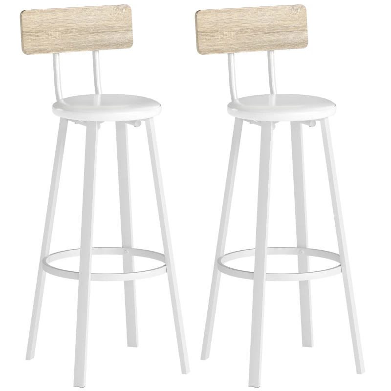 HOMCOM Juego de 2 Taburetes Altos de Cocina con Respaldo y Reposapiés Tapizados de PU Asiento de 75,5 cm Natural y Blanco