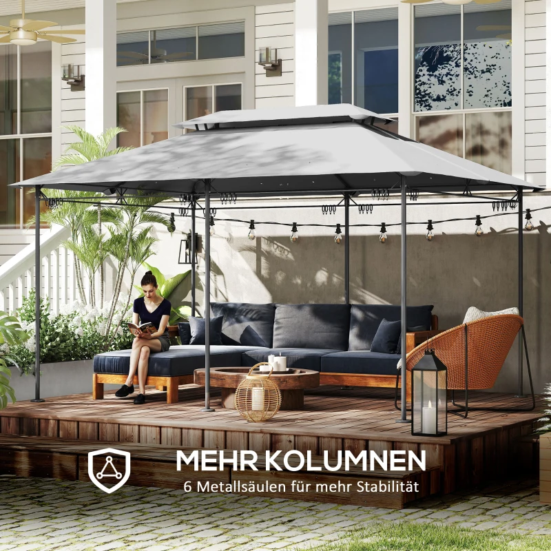 Outsunny tuinpaviljoen 3x4 m met afneembare gordijnen, dubbel dak en metalen frame, Donkergrijs