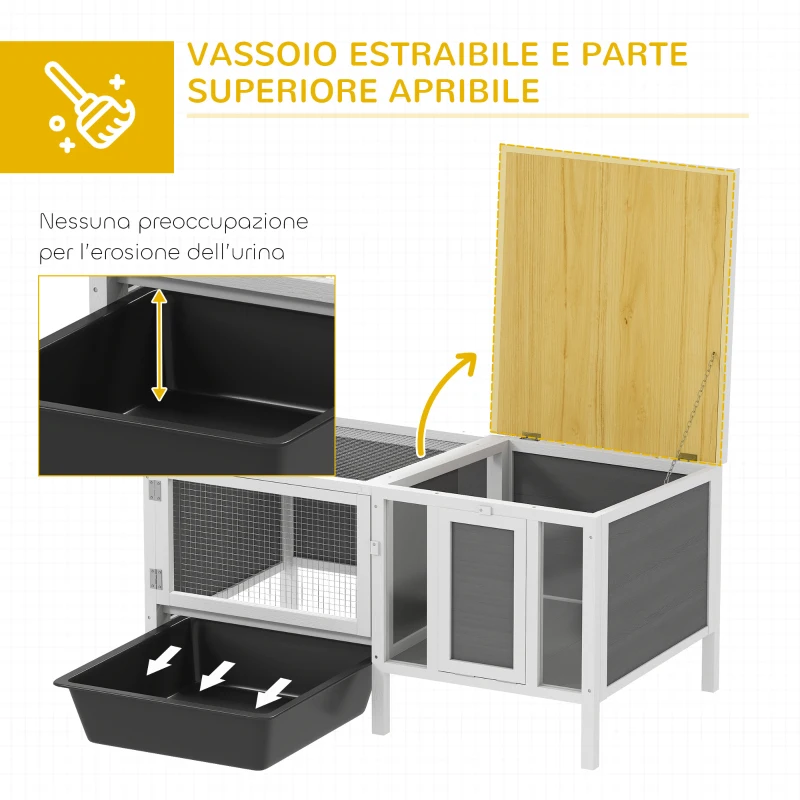 PawHut Conigliera da Esterno con Casetta, Area di Corsa e Vassoio, in Legno, Metallo e PET, 105x57.5x51.5 cm, Grigio