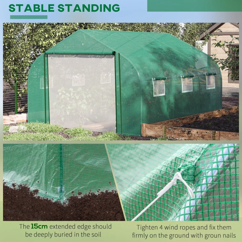 Outsunny Walk-in Polytunnel Garden Greenhouse, Outdoor Mesh Door Greenhouse with PE Cover and 6 Windows, 3.5 x 3 x 2m, Green