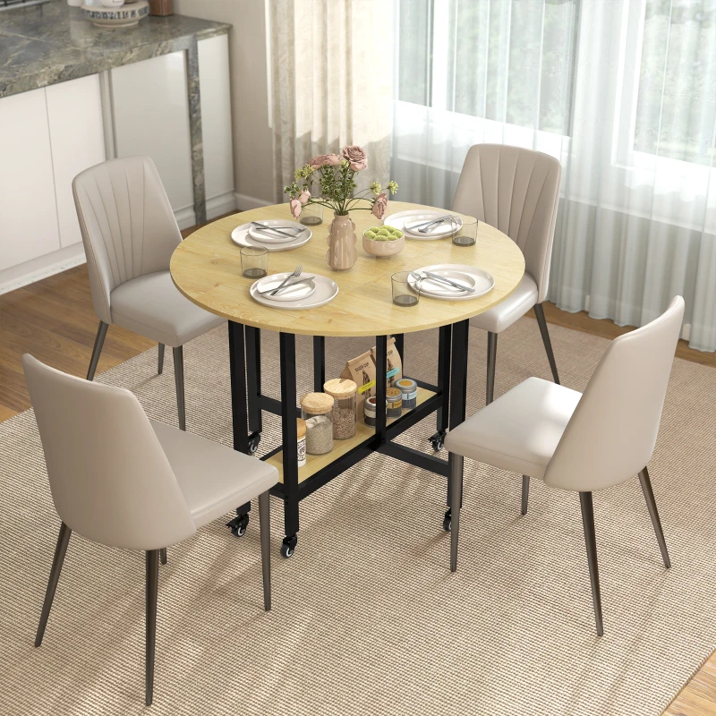 HOMCOM Mesa de comedor plegable con ruedas, mesa de cocina para 4 personas con estantería integrada, 100 x 100 x 75 cm, roble