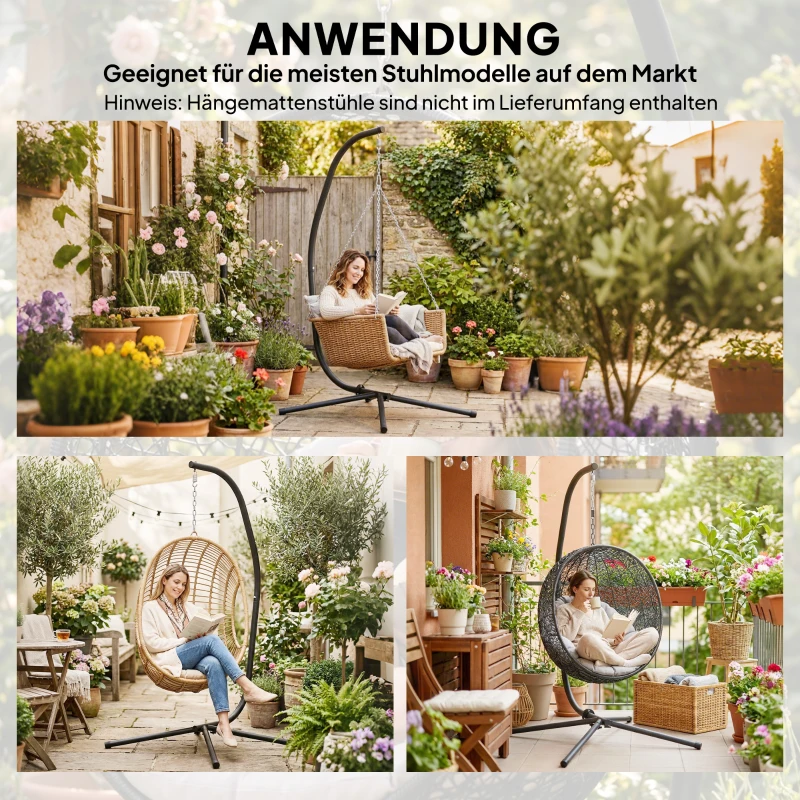 Outsunny Gestell für Hängesessel in C-Form Höhenverstellbar Metall Ständer mit Aufhängungskette bis 150kg Schwarz