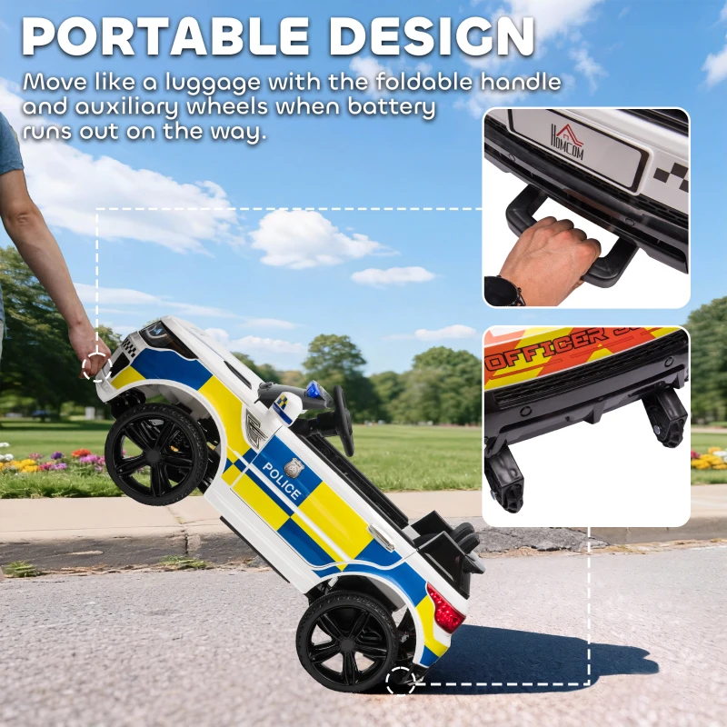 HOMCOM 12V Electric Car for Kids, Ride on Police Car with 2 Motors, Remote Control, Siren Flashing Lights, Suspension, USB, Auxiliary Wheels, Pull handle, for 3-6 Years, White